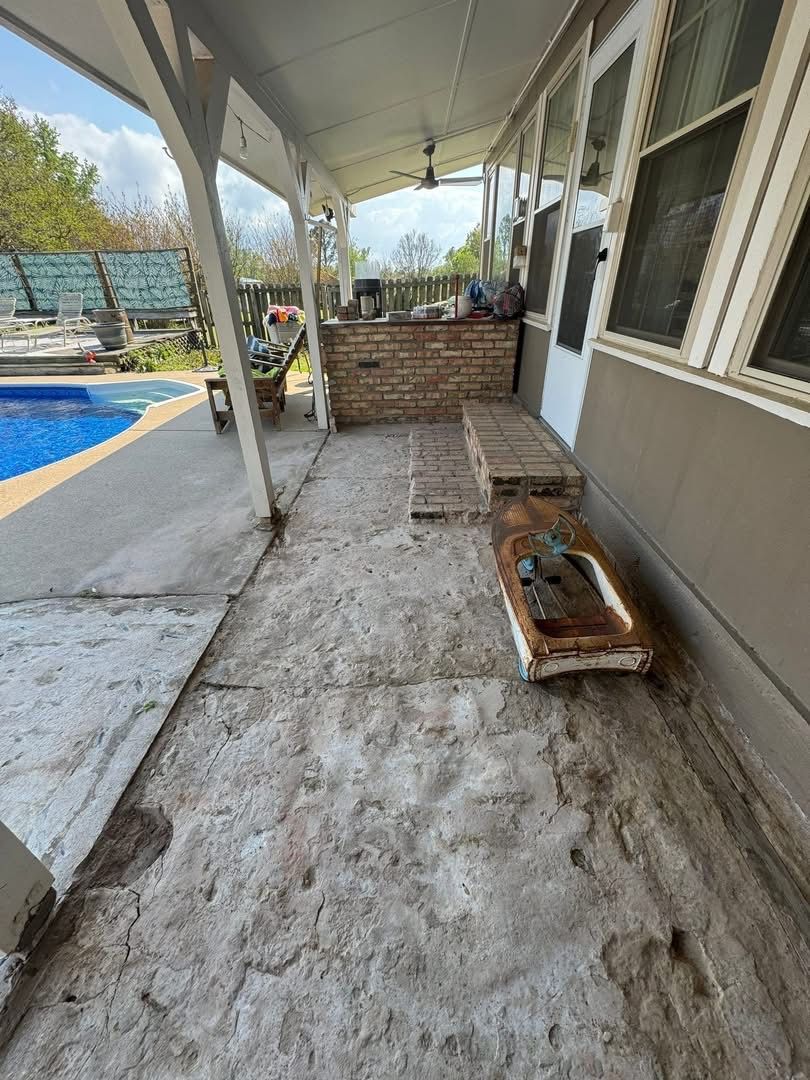 Diamond grinding preparation on a worn concrete pool deck